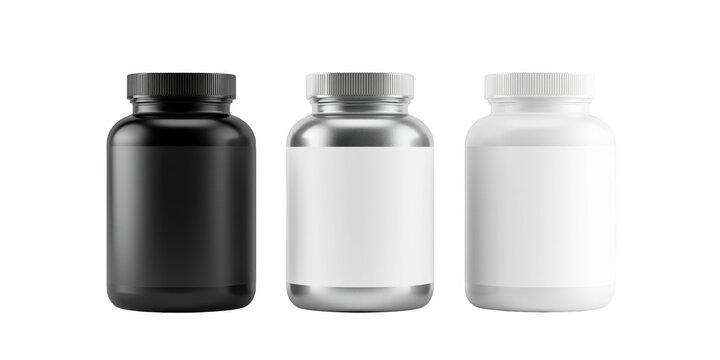Three plastic supplement pill bottles in black, silver, and white colors isolated on a solid black background isolated on a transparent background