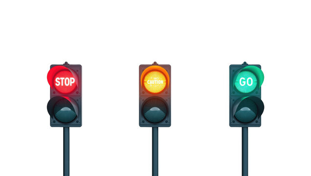 Three traffic light signals showing stop caution and go indicators isolated on a solid black background, for safety isolated on a transparent background