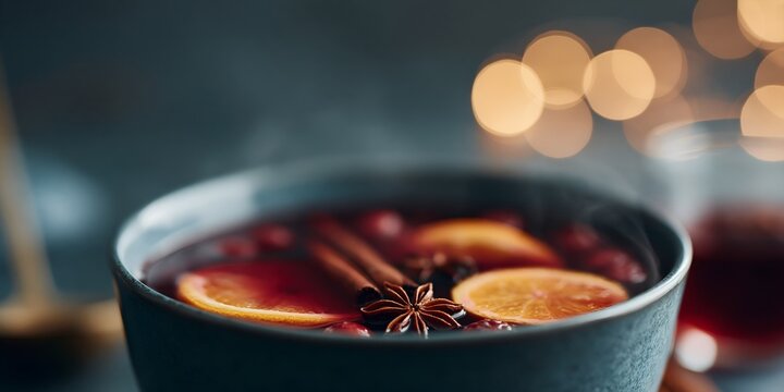 Steaming mulled wine with citrus and spices in dark bowl