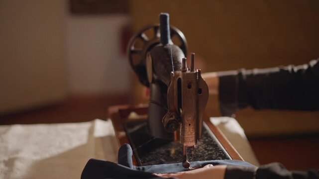 Vintage sewing machine in motion across wooden table, guiding hand turning wheel, navy fabric feeding through needle, warm sunlight, mechanical rhythm, workshop ambiance, skilled craftsperson