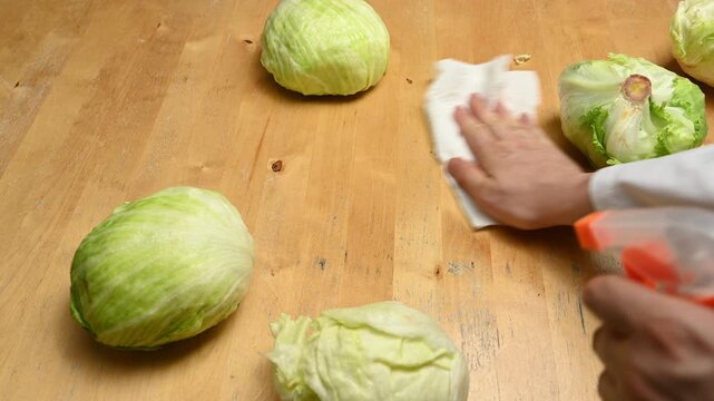 Hands Cleaning Iceberg Lettuce on Wooden Board