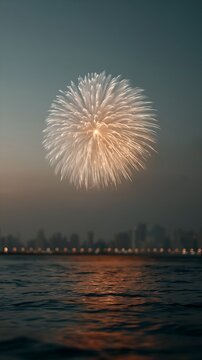 Firework bursts above a quiet water surface