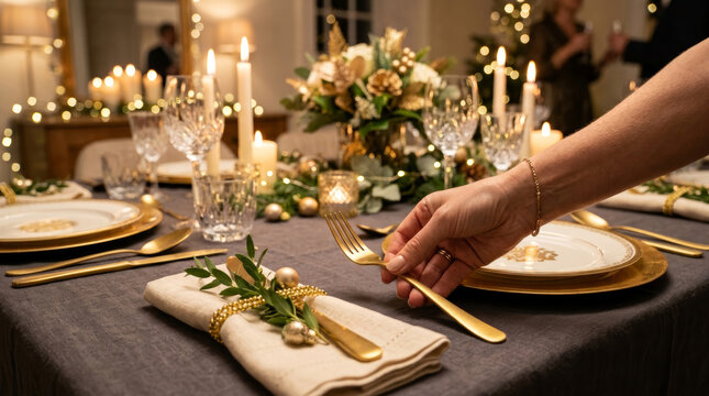 Elegant Christmas Dinner Table Setting with Golden Cutlery and Festive Decorations