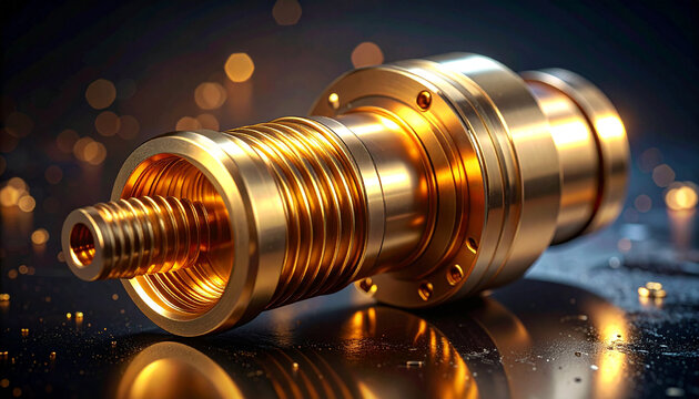 Precision Machined Component: A highly detailed, golden, and intricately designed machined metal component, possibly a part of a complex mechanism or industrial machinery.