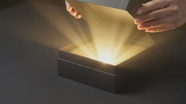 Woman opening luxury black gift box revealing magical glowing light inside on dark table surface