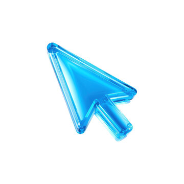 Transparent blue glass computer mouse cursor arrow 3d render isolated on a black background, digital interface isolated on a transparent background
