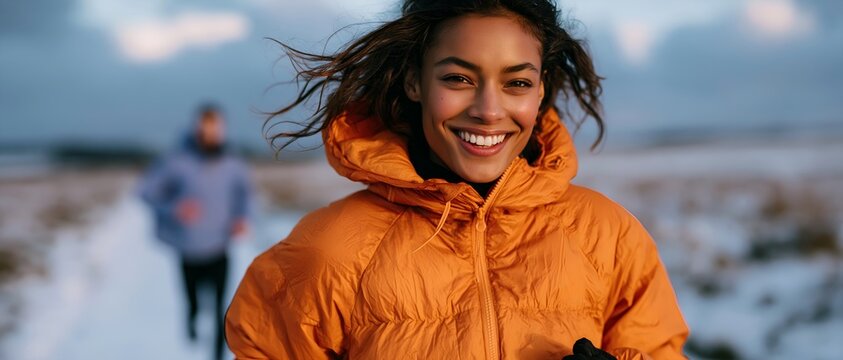 Smiling woman running in winter snow