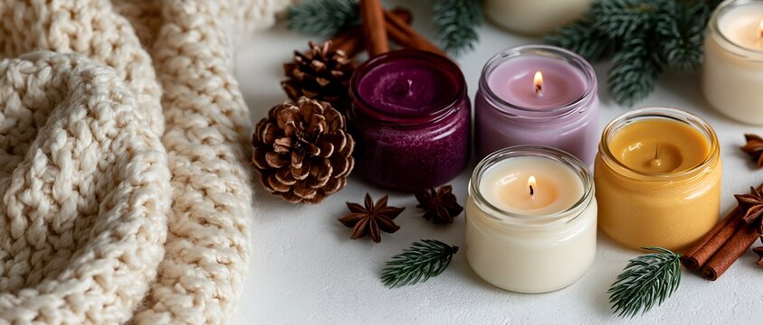 Candlelight with seasonal spices and pinecones on soft white background