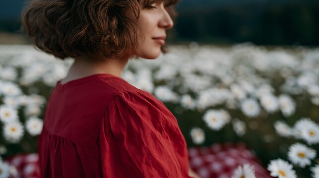 Woman in red dress sits among white daisies