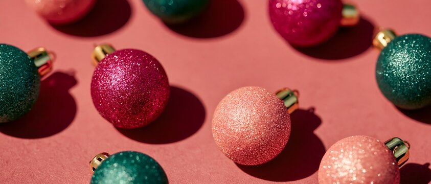 Festive Christmas ornaments in pink and teal on textured pink background
