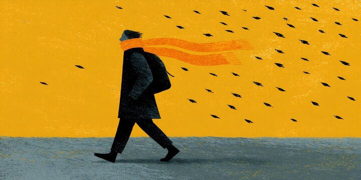 Silhouette walks determinedly as birds fall around him