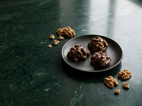 Delicious chocolate covered walnuts on a dark plate over green marble surface with scattered nuts