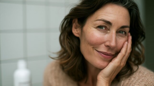 Calm, attractive woman rests her hand near her face