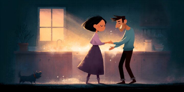 Romantic couple dancing in cozy room with warm window light