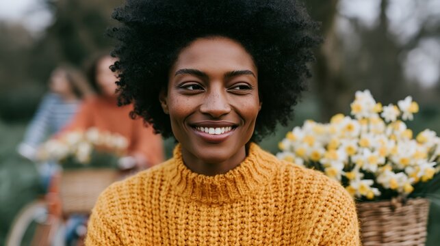 Happy Black woman holding spring daffodils in a sunny outdoor setting