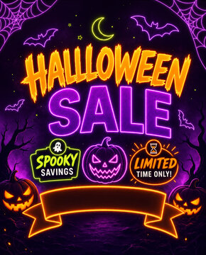 Eye catching neon glowing Halloween sale poster with glowing text, bats, webs, moon, pumpkins, badges, empty banner on dark background