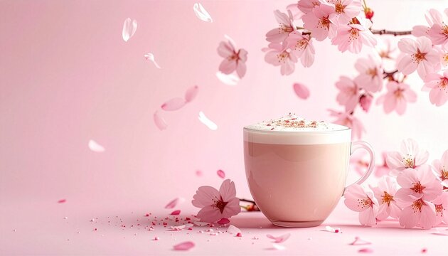 満開の桜並木と舞い散る花びらの中の桜ラテ 幻想的で華やかな春のドリンクイメージ
