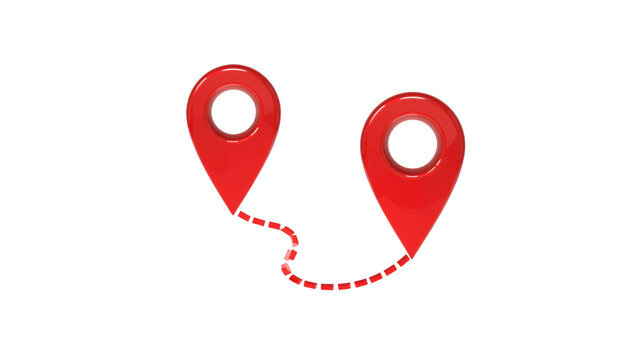 Two glossy red map location pins connected by a dashed travel path line isolated on a solid black background isolated on a transparent background