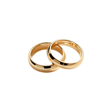 Two interlocking golden wedding rings isolated on a solid black background, representing eternal love, and commitment isolated on a transparent background