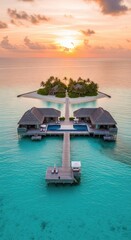 Fototapeta premium Tropical resort villas sit above turquoise ocean waters during a breathtaking sunset.