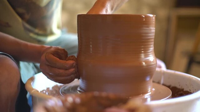 A ceramics artist shapes wet clay on a spinning pottery wheel in a studio.