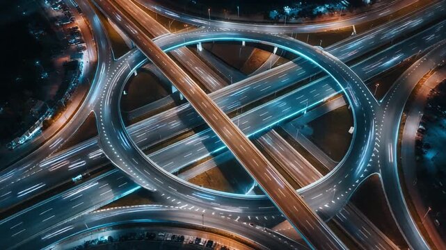 Aerial Highway Interchange with Night Traffic and Urban Infrastructure