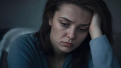 Fototapeta premium Sad young woman feeling lonely and depressed with head in hand. Mental health disorder, emotional pain, and psychological distress. Despair and deep unhappiness in indoor setting.