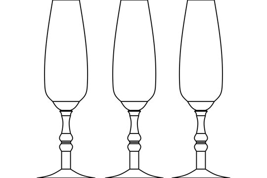 Simple line drawing of three elegant champagne flutes or tall wine glasses with decorative stems. Black and white outline illustration of stemmed glassware.