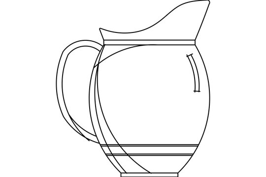 Vector line art featuring a ceramic pitcher or jug with a handle, curved spout, and decorative bands around the base and rim.