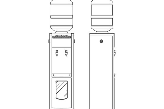 Simple line drawing of a water dispenser with a large bottle on top, showing front and side views. Features taps, a drip tray, and a lower storage cabinet. Black and white outline illustration.