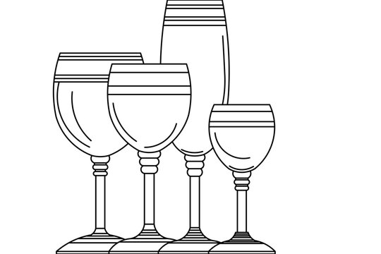 Vector line art featuring a set of four different glassware pieces, including wine glasses and a tall flute with horizontal decorative bands on the bowls and detailed stems.