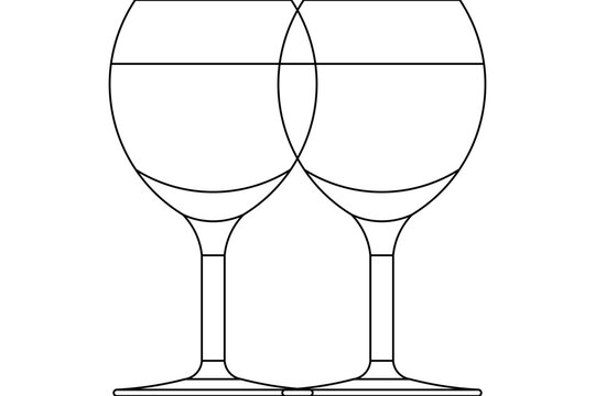 Simple line drawing of two overlapping wine glasses or goblets with stems. Black and white outline illustration of stemmed glassware for wine or champagne.