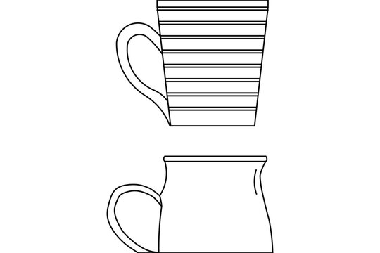 Vector line art featuring two different ceramic cups or mugs, one with horizontal stripes and a handle, and another with a curved silhouette and a handle.