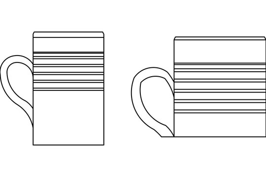 Simple line drawing of two striped mugs with handles. Black and white outline illustration of coffee or tea cups, perfect for coloring pages or design elements.