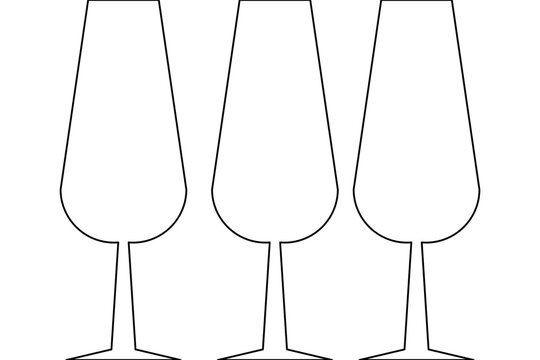 Vector line art featuring three identical wine glasses or champagne flutes with stems and flat bases arranged in a row.