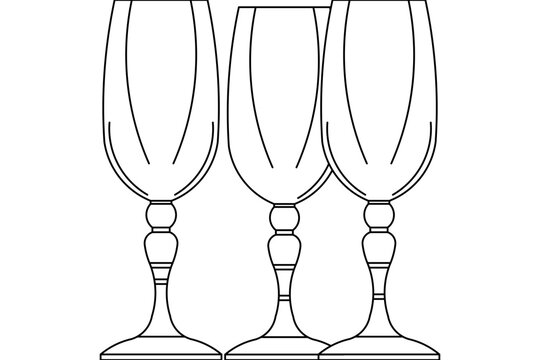 Simple line drawing of three elegant wine glasses or goblets with stems. Black and white outline illustration of stemmed glassware for wine or champagne.