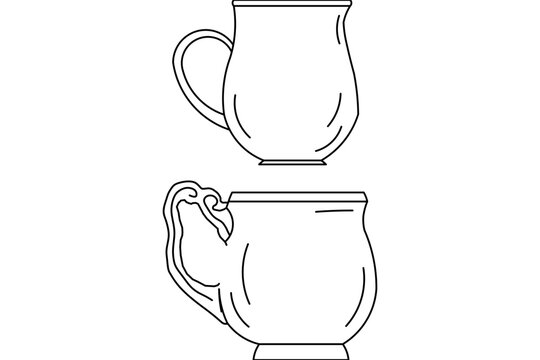 Classical vector line art featuring two antique ceramic cups or mugs with decorative handles and footed bases.