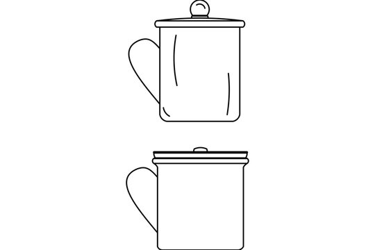 Simple line drawing of two mugs with lids and handles. Black and white outline illustration of camping or enamel style cups.