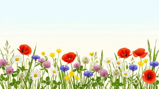 Wildflower floral border banner with red poppies cornflowers daisies clover and green grass on light background