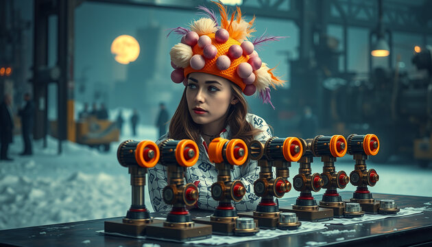 Steampunk Fashion Model with Colorful Headwear in Snowy Industrial Cityscape