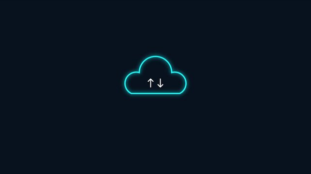 Neon cloud computing data sync animation with upload and download arrows for digital technology and network connectivity concepts 4k