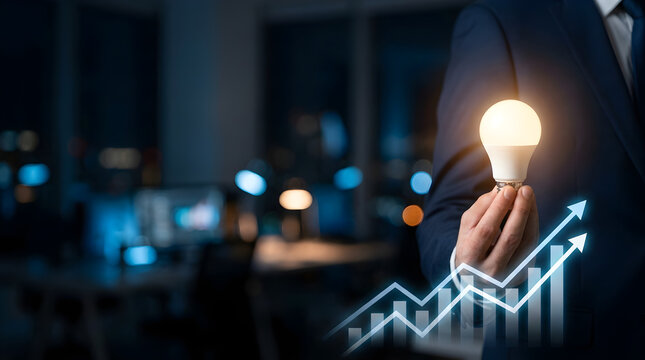 電球と上昇する矢印グラフを持つビジネスマン、エネルギー効率と収益成長のコンセプト