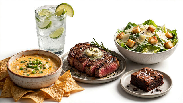  sparkling lime water with ice and condensation, creamy jalape&ntilde;o queso with chips, 8oz top sirloin with herb butter and perfect medium-rare, crisp Caesar with croutons, and fudgy brownie bite.