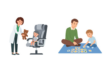 Professional Pediatric Medical Consultation and Parent Child Educational Play Activities Illustration