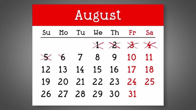 Calendar page for August with days crossed out - 4k animation (3840 x 2160 px)