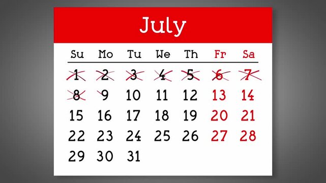 Calendar page for July with days crossed out - 4k animation (3840 x 2160 px)