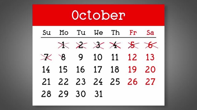 Calendar page for October with days crossed out - 4k animation (3840 x 2160 px)
