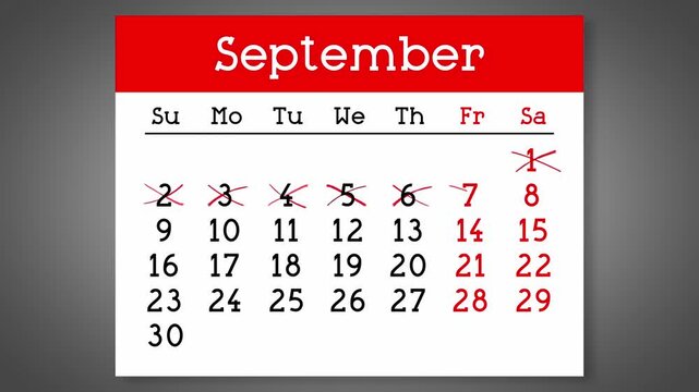 Calendar page for September with days crossed out - 4k animation (3840 x 2160 px)