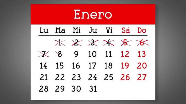 Calendar page for Spanish January with days crossed out - 4k animation (3840 x 2160 px)