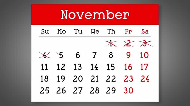 Calendar page for November with days crossed out - 4k animation (3840 x 2160 px)